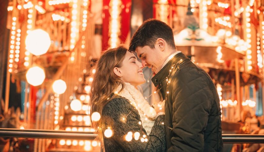 A couple embracing in front of a carousel.