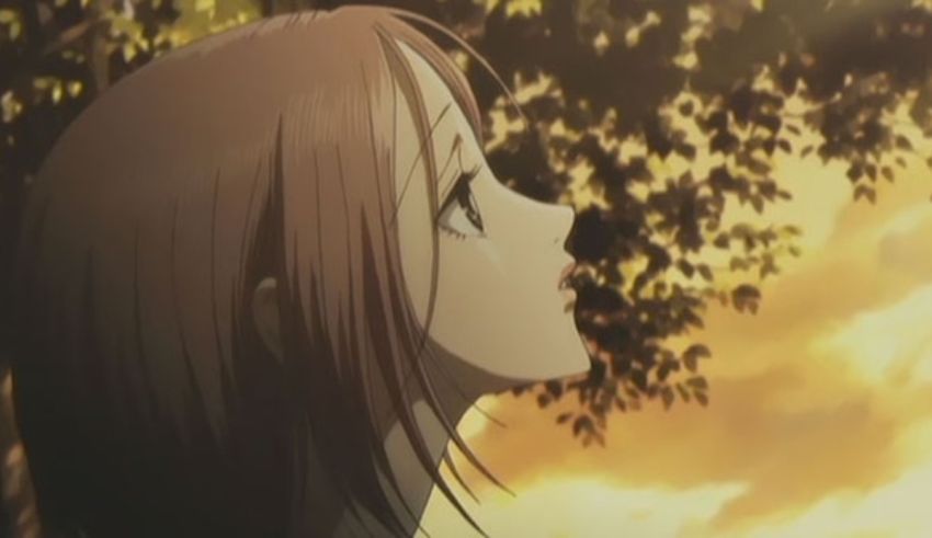 An anime girl looking up at the sky.