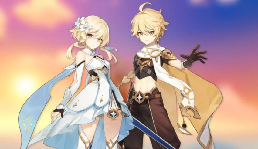 Two anime characters standing next to each other.