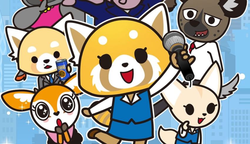 A group of cartoon animals with microphones in front of a city.