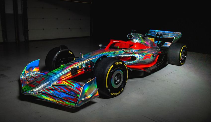 A colorful racing car in a dark room.