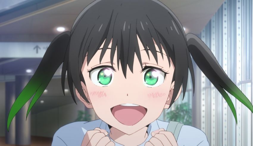 An anime girl with green hair and green eyes.