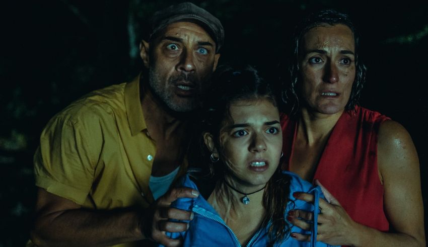 Three people are standing in the woods at night.