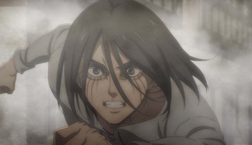 An anime character with long hair running in the air.