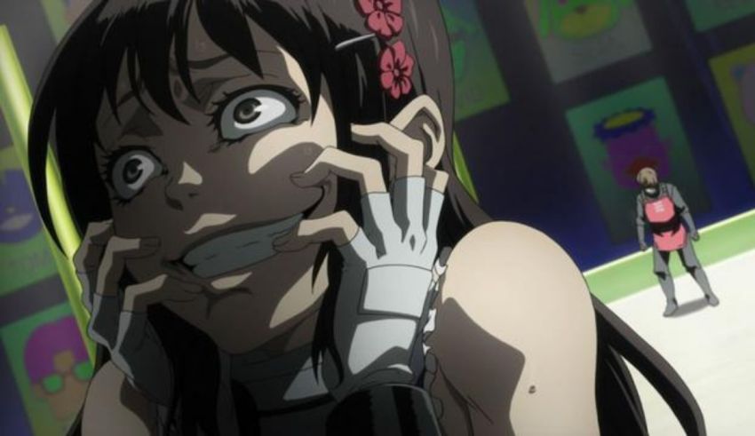 An anime girl is holding her hand up to her face.