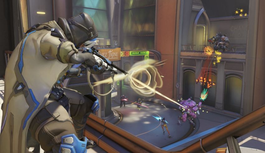 A character is shooting a gun in a video game.