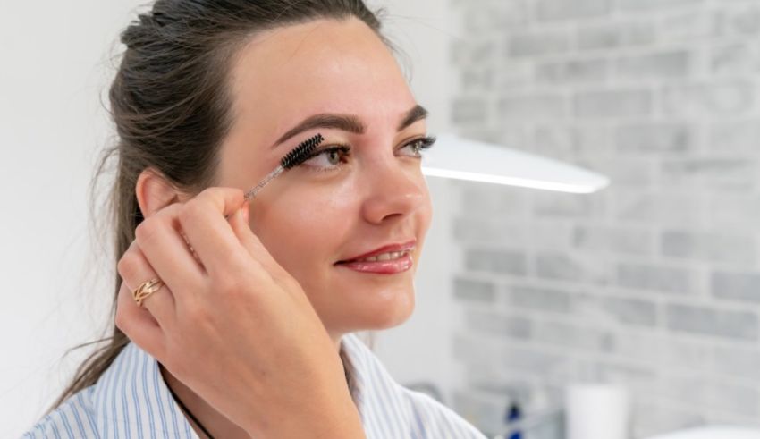 A woman is putting mascara on her eyelashes.