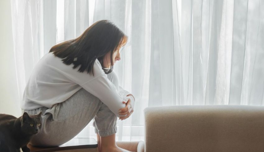 A woman sitting on a chair with a cat in front of her.
