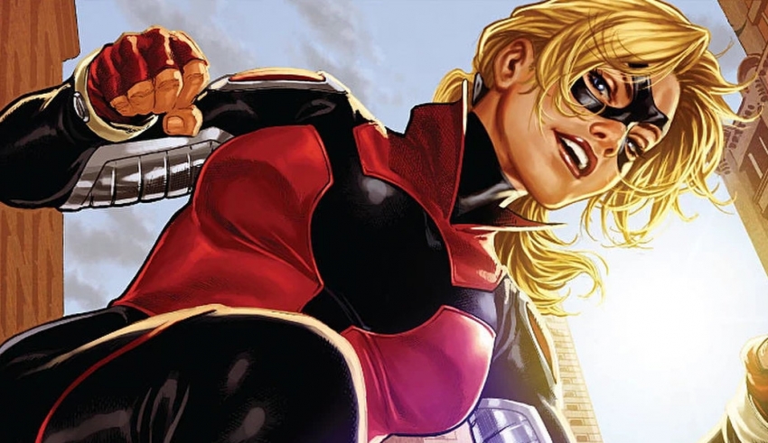 A woman in a red and black costume is flying in the air.