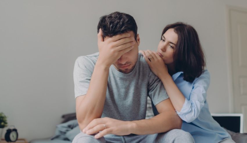 A man and woman sitting on a bed with their hands on their heads.
