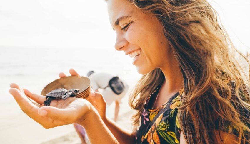 A woman holding a turtle shell on the beach.