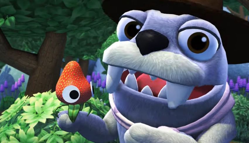 A cartoon animal holding a strawberry in its mouth.