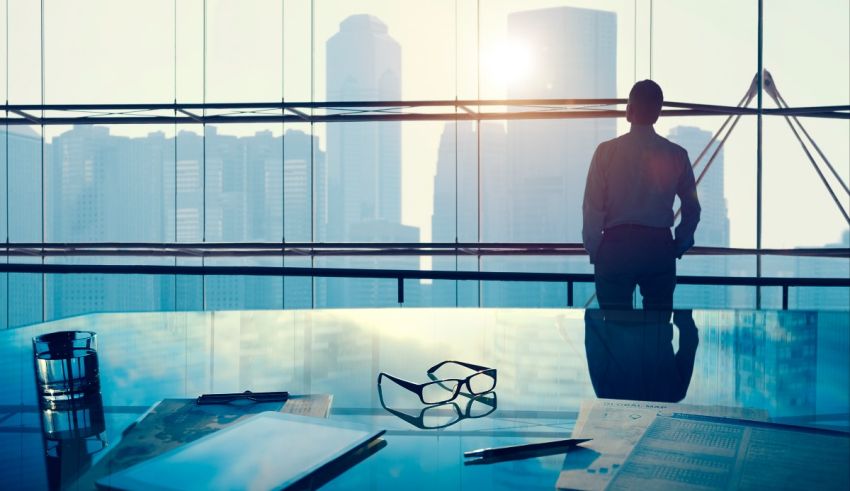 A businessman is standing in front of a window with a view of the city.