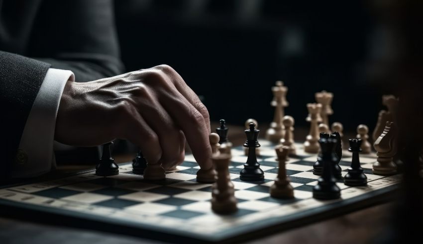 A man in a suit is playing chess.