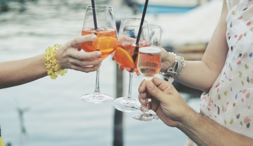 A group of people toasting with wine glasses on a boat.