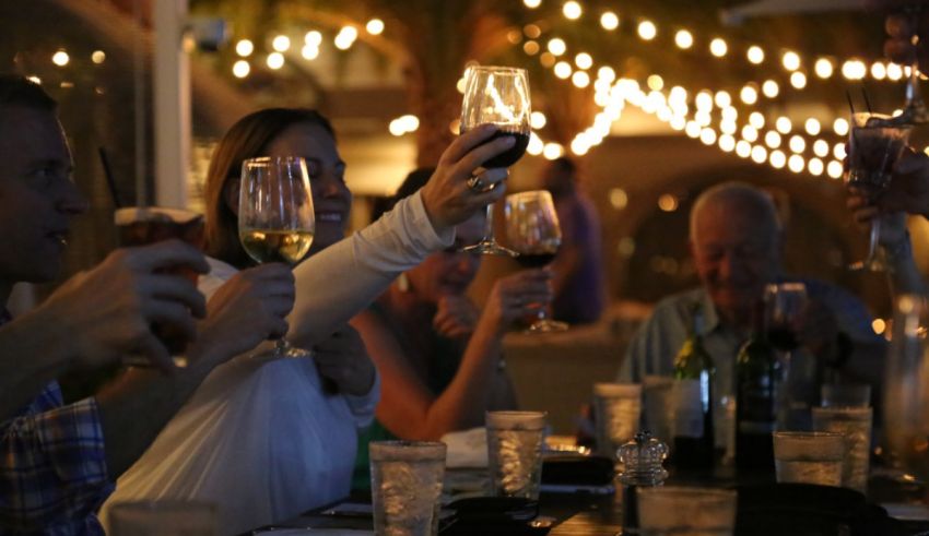 A group of people toasting wine glasses at a table.