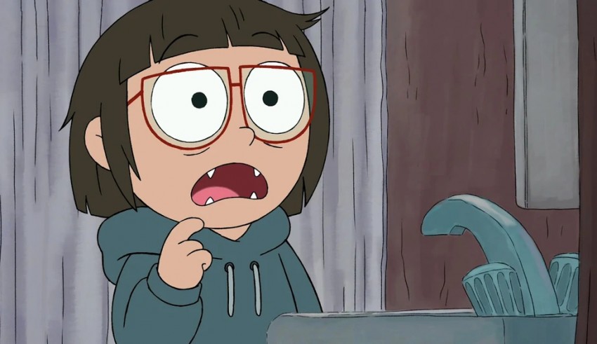 A cartoon girl in glasses is standing in front of a sink.