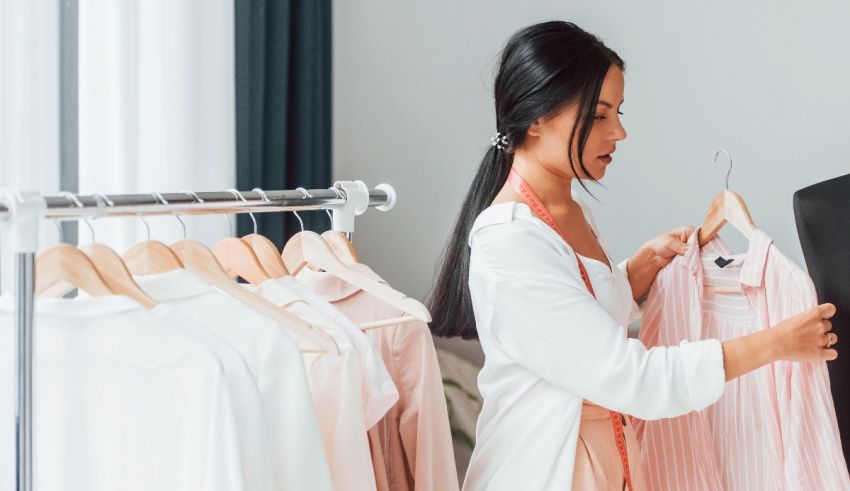 A man and woman are looking at clothes on a rack.