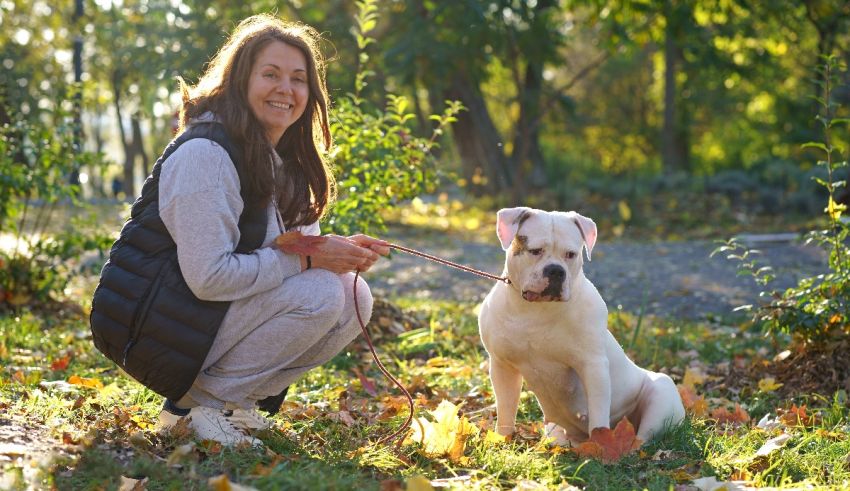 A woman kneeling down with a white dog on a leash.
