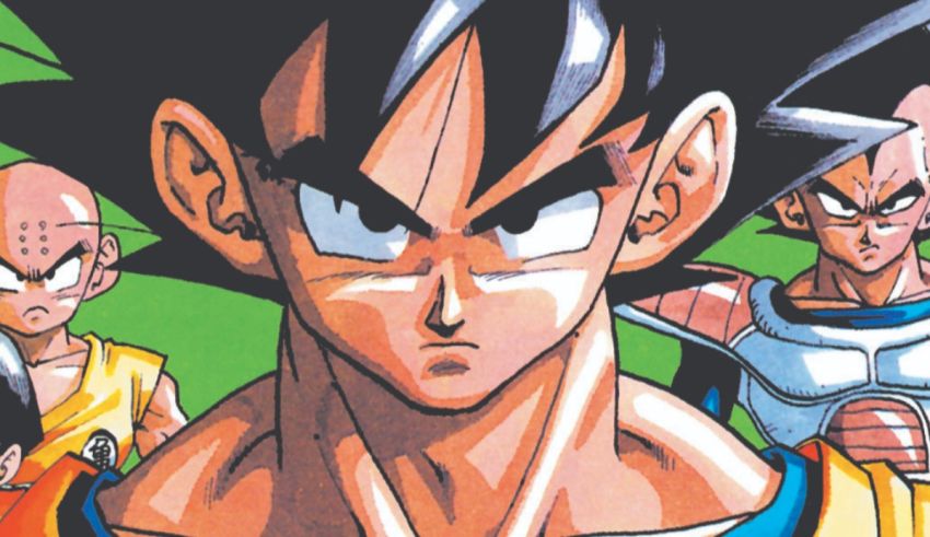 A group of dragon ball characters standing in front of a green background.