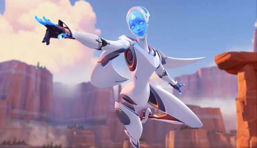 A woman in a white outfit is flying in the air.