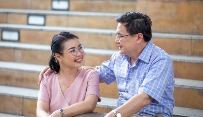 An asian couple sitting on some steps.