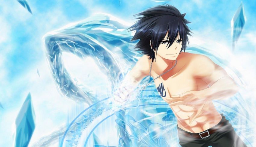 A man with no shirt standing in front of a blue background.