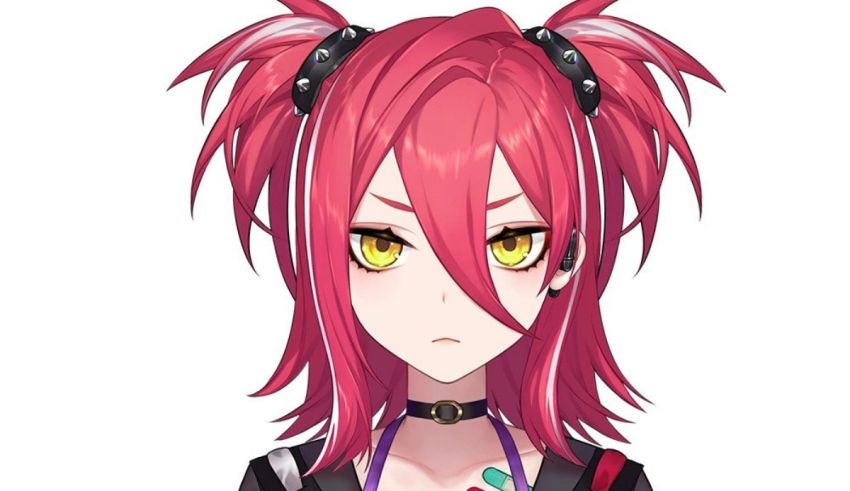 An anime girl with pink hair and yellow eyes.