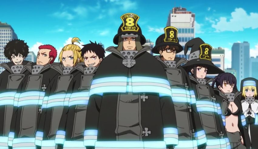 A group of anime characters standing in front of a city.