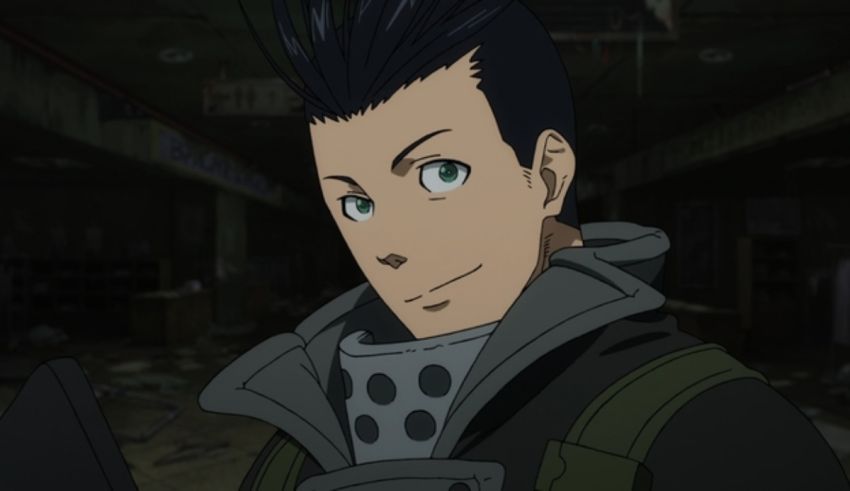 An anime character with green eyes standing in a dark room.