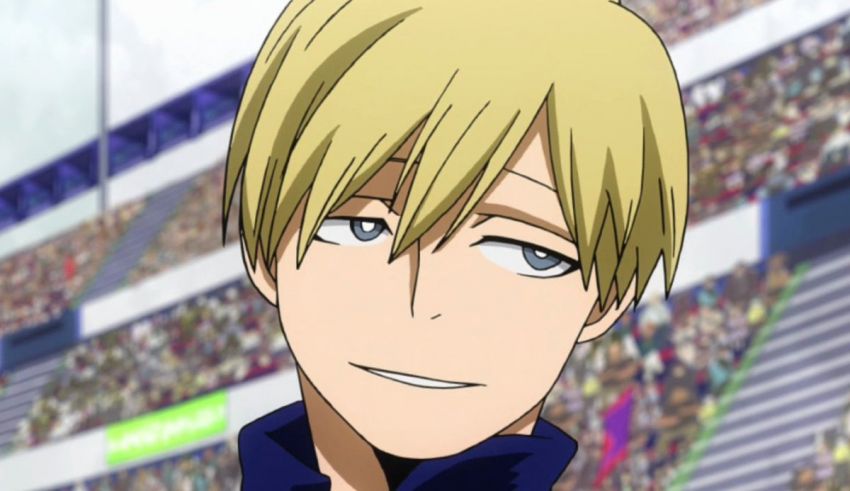 An anime character with blonde hair standing in front of a crowd.