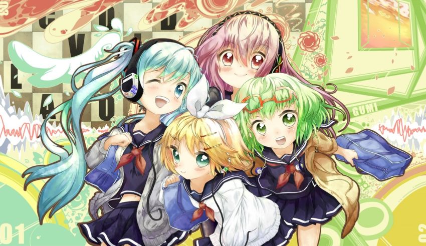 A group of anime girls standing next to each other.