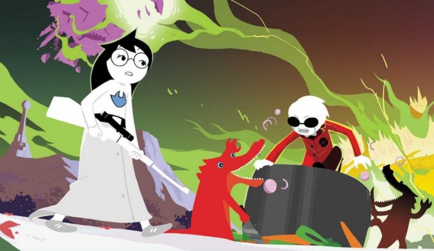 A cartoon character with a sword and a woman in a white dress.