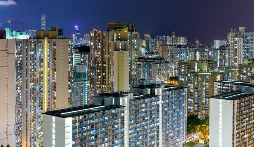 A city skyline at night.