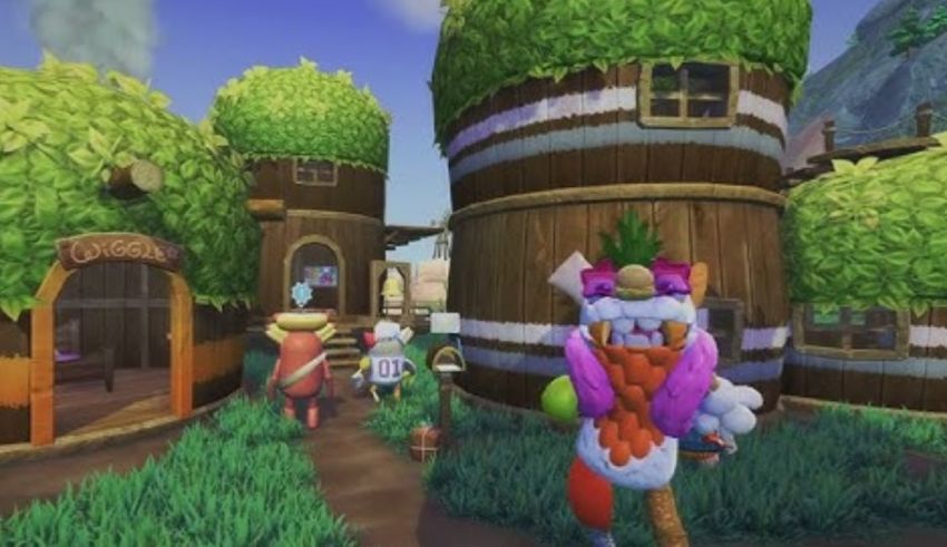 A screenshot of a video game showing a group of people walking through a village.