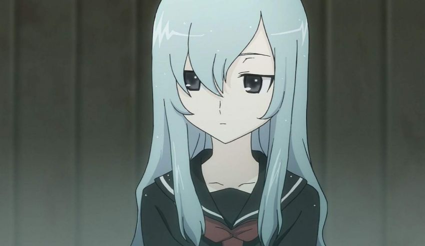 A girl with long white hair is standing in front of a wooden wall.