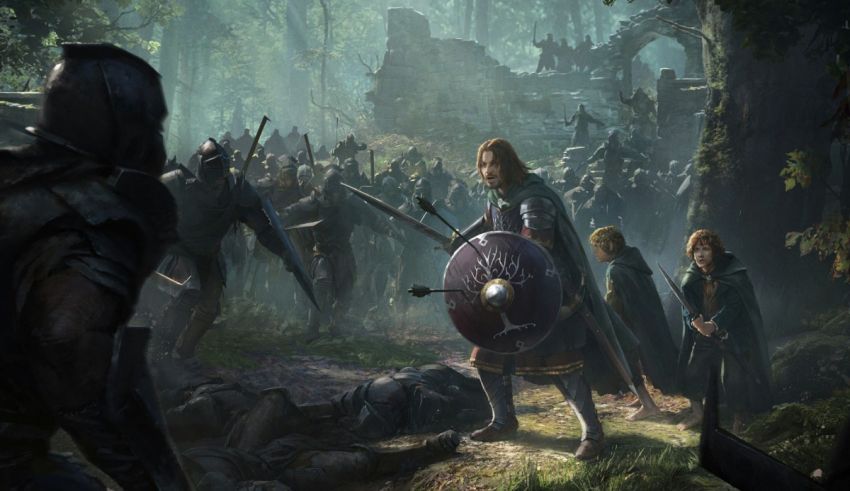 A group of people in a forest with swords and shields.