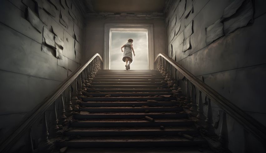 A man is standing on a staircase in an old building.