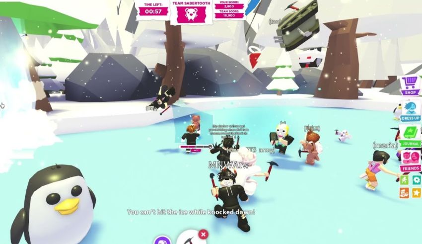 A screenshot of a penguin in a snowy environment.