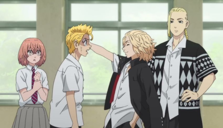 A group of anime characters standing next to each other.