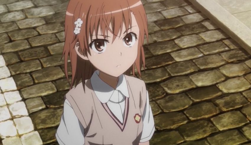 An anime girl standing on a cobblestone street.