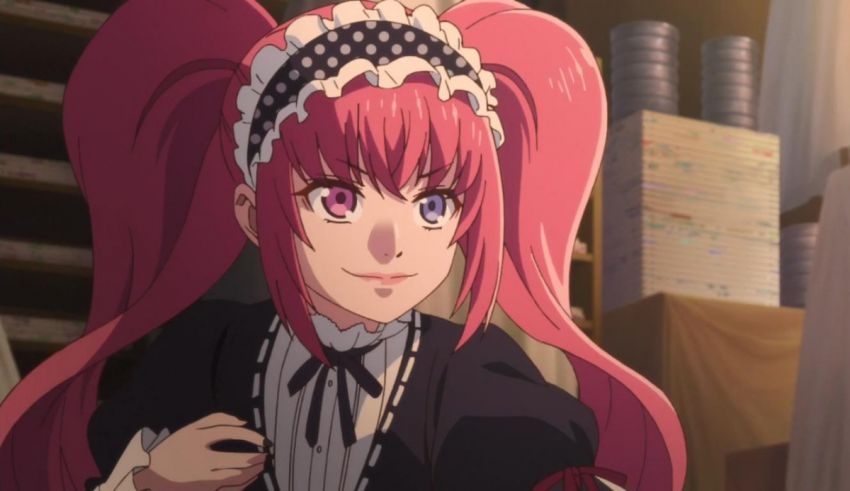 A girl with pink hair is standing in a room.