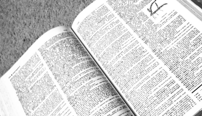 A black and white photo of an open book.