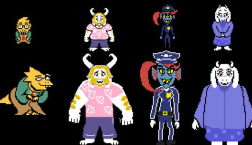 A group of pixel characters in various poses.