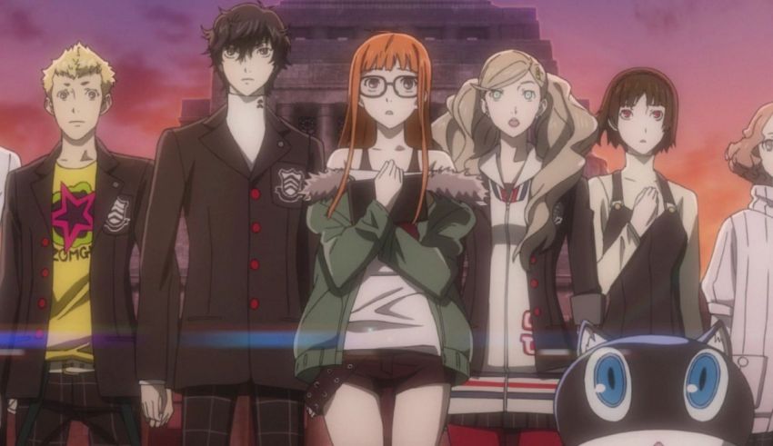 A group of anime characters standing in front of a building.