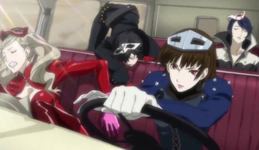 A group of anime characters riding in a car.