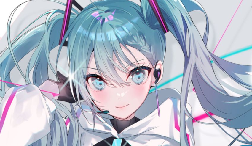 An anime girl with blue hair and pink ears.