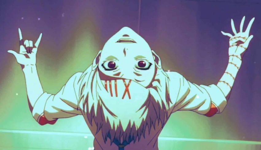 An anime girl with her hands up in the air.