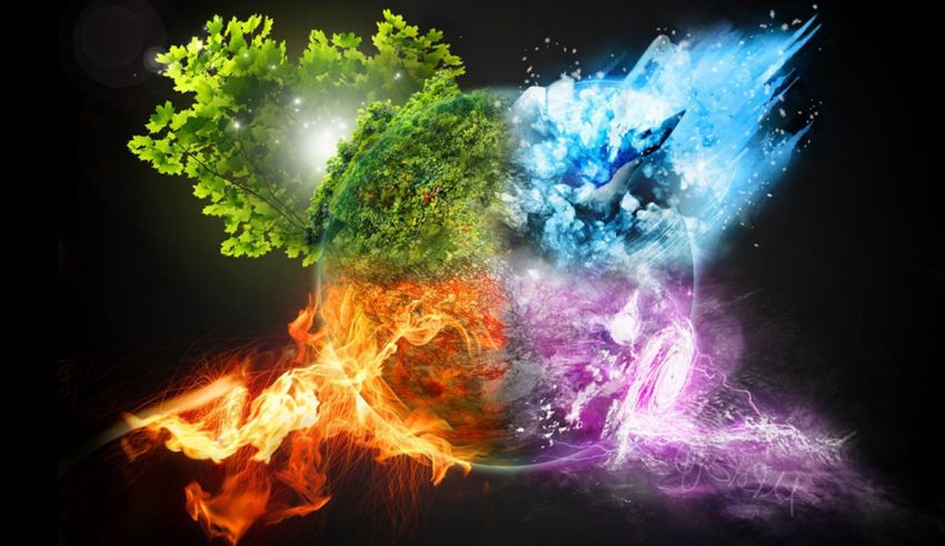 Three different colors of fire and water on a black background.