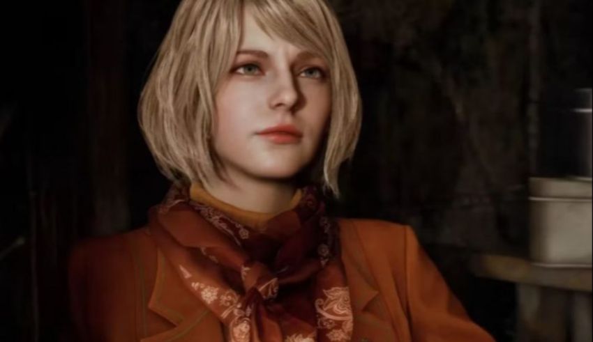 A woman in an orange jacket is looking at something.